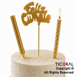 ADORNO DE TORTA SET FELIZ CUMPLE CON BENGALA Y VELA 9 CM GIBRE ORO x 1